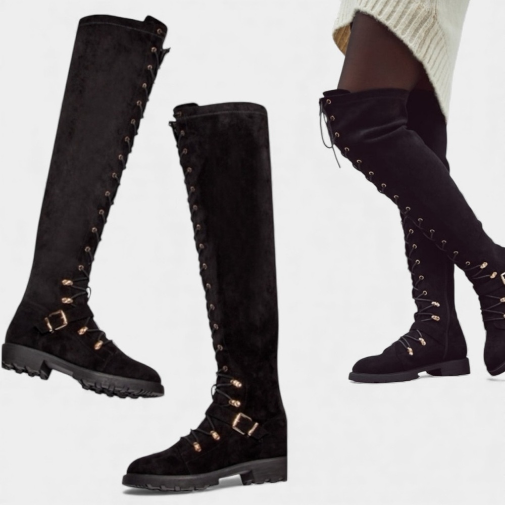 Black Over the Knee Boots JustFab 6.5 Lace Up Flat Phyllida Buckle Accent NEW